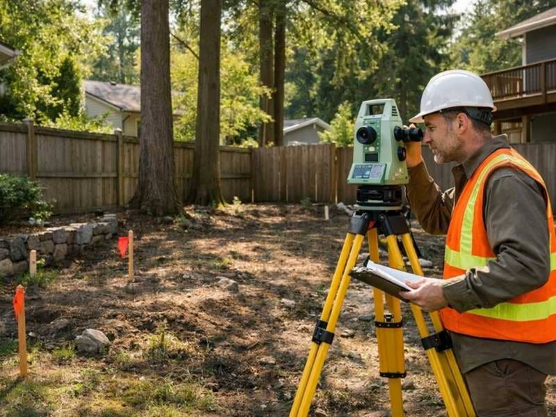 Surveyor using professional equipment on a residential property, showing factors that influence the average cost for a land survey