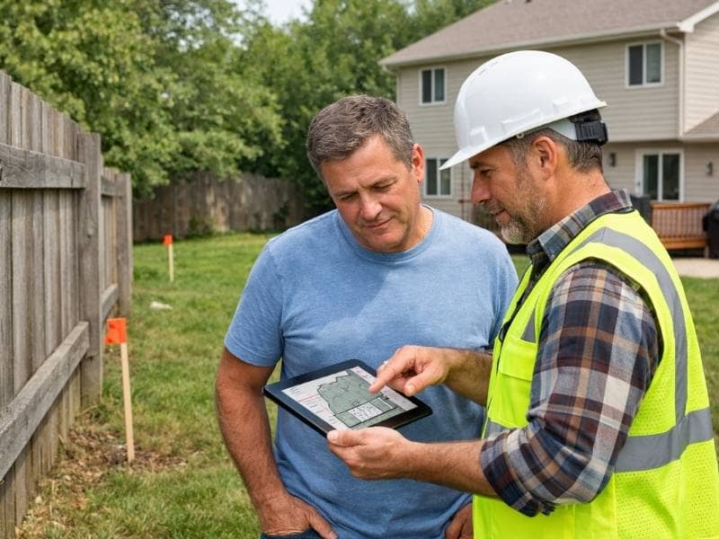 Homeowner reviewing boundary survey cost with licensed surveyor and visible property line stakes