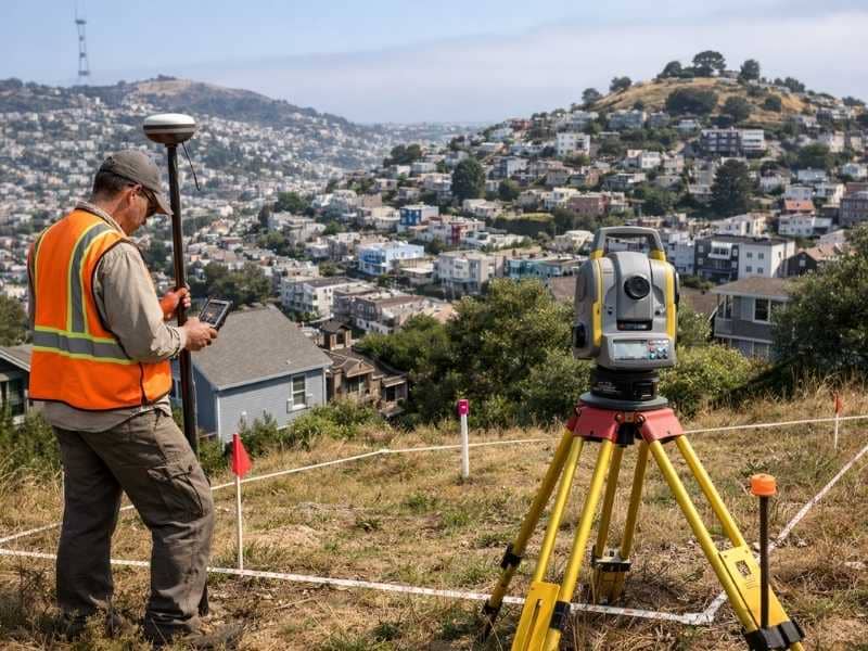 Land survey cost considerations shown by a licensed surveyor measuring a hillside property