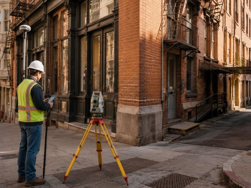 Licensed land surveyor conducting an ALTA land survey outside a historic commercial building in San Francisco, documenting property boundaries, alley access, and surrounding site features during due diligence